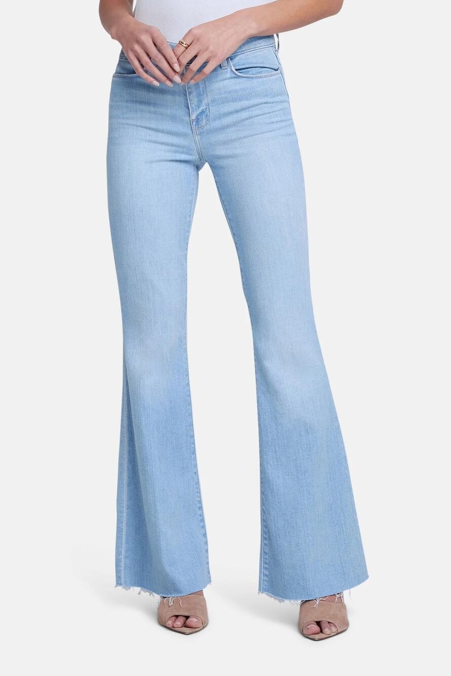 L'Agence Sera High Rise Flared Leg Jeans Frayed Hem Blue Cloud Women's Size 26